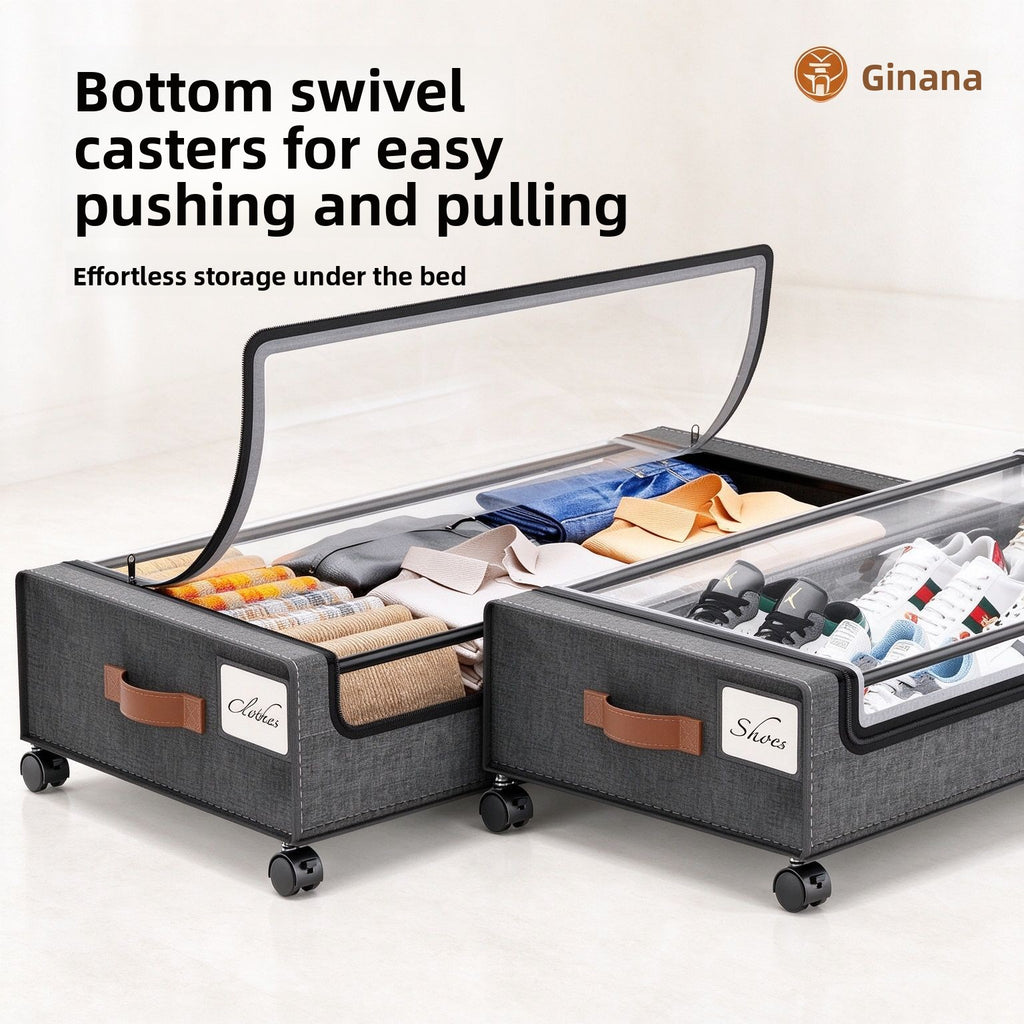Foldable Underbed Storage Box with Wheels Transparent Dust-Proof Clothes Organizer teemdrop