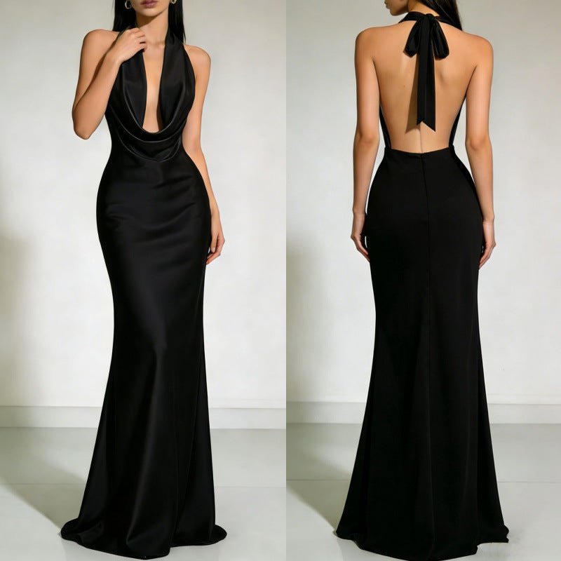 Women's Satin Halter Neck Backless Floor Length Evening Dress teemdrop