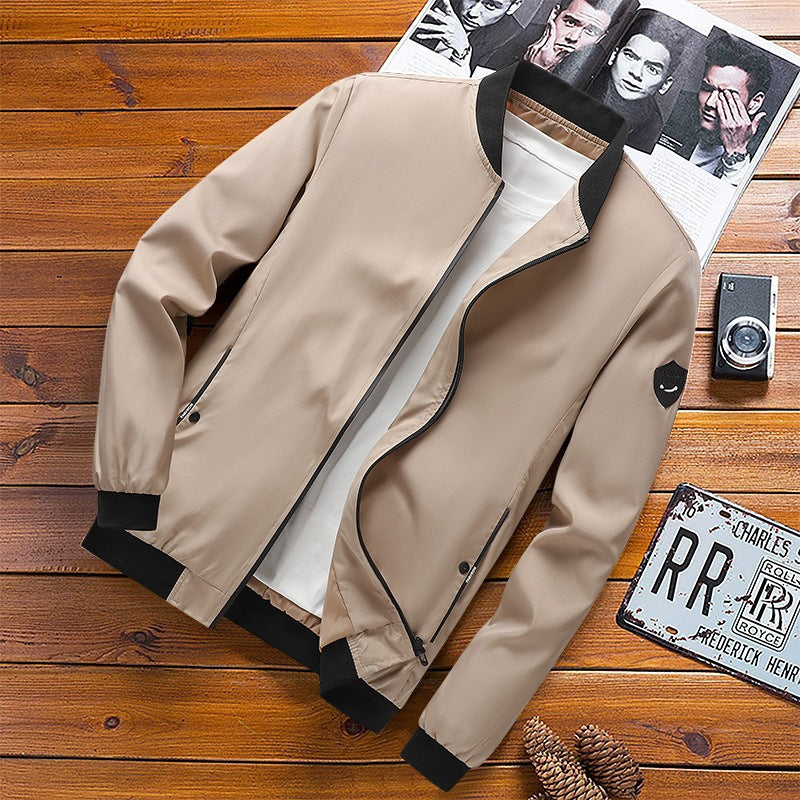 Men's Slim Fit Stand Collar Zip-Up Jacket, Solid Color Long Sleeve Breathable Outerwear teemdrop