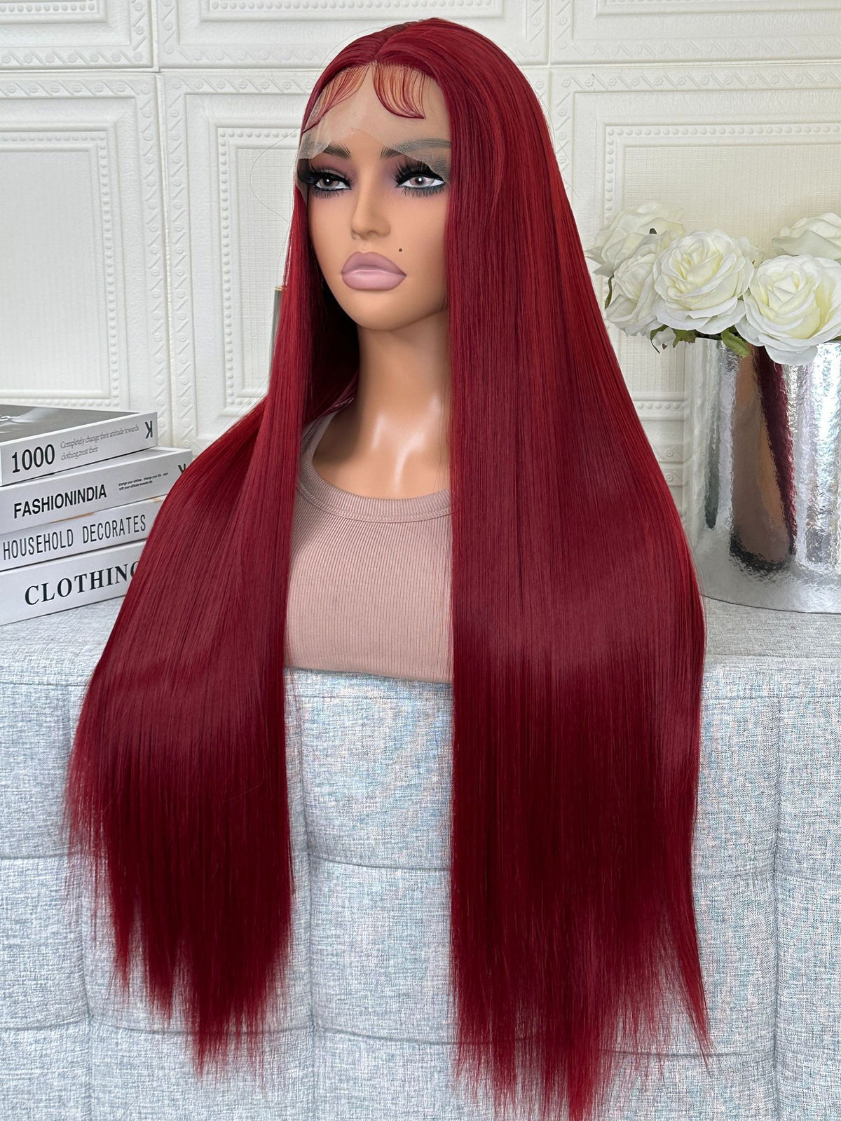Long Straight Heat Resistant Synthetic Fiber Front Lace Wig teemdrop