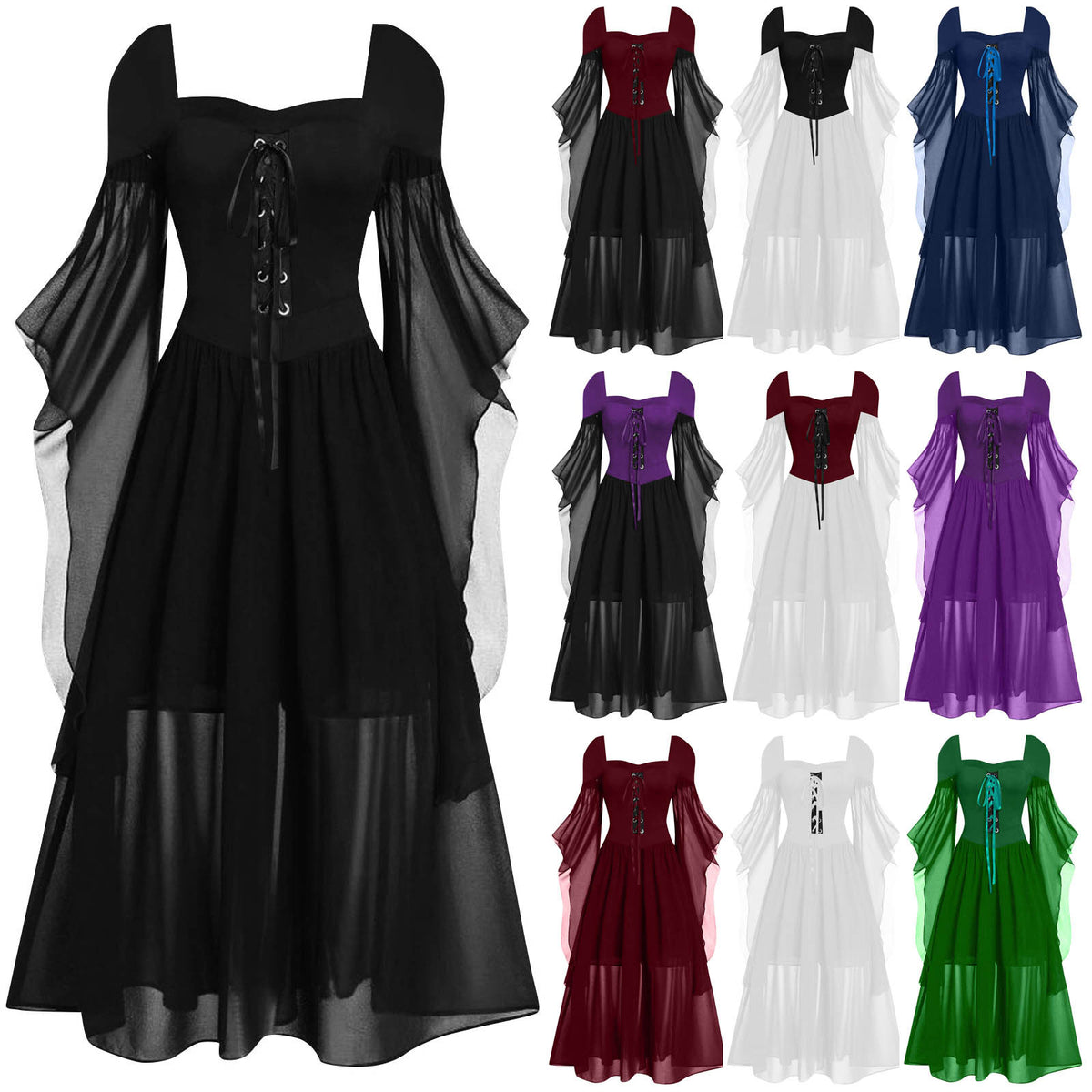 Witch Style Long Dress with Flare Sleeves