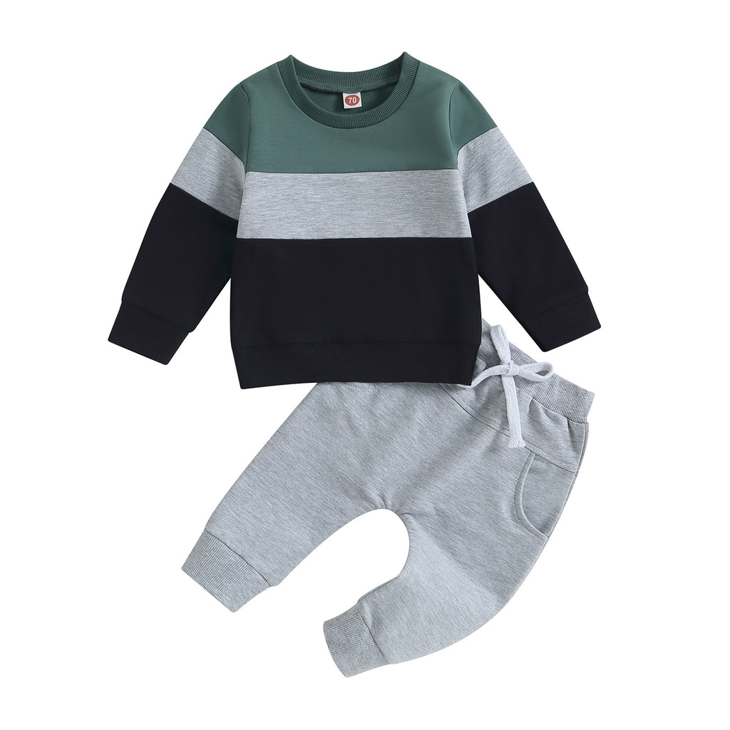 Baby Boy Color Block Long Sleeve Sweatshirt and Trousers Cotton Set teemdrop