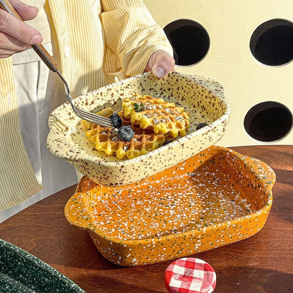 Color splash ink ceramic binaural square baking tray Microwave Baking