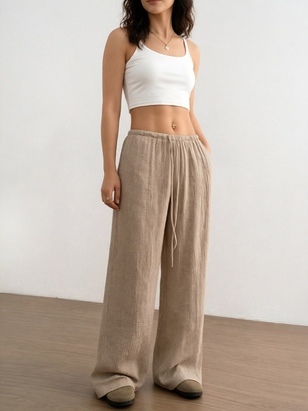 Women's Textured High Waist Drawstring Drapey Wide Leg Pants teemdrop