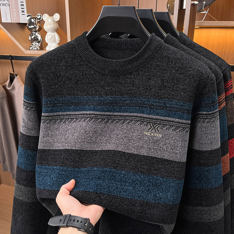 Men's Thickened Warm Striped Round Neck Long Sleeve Knitted Sweater teemdrop