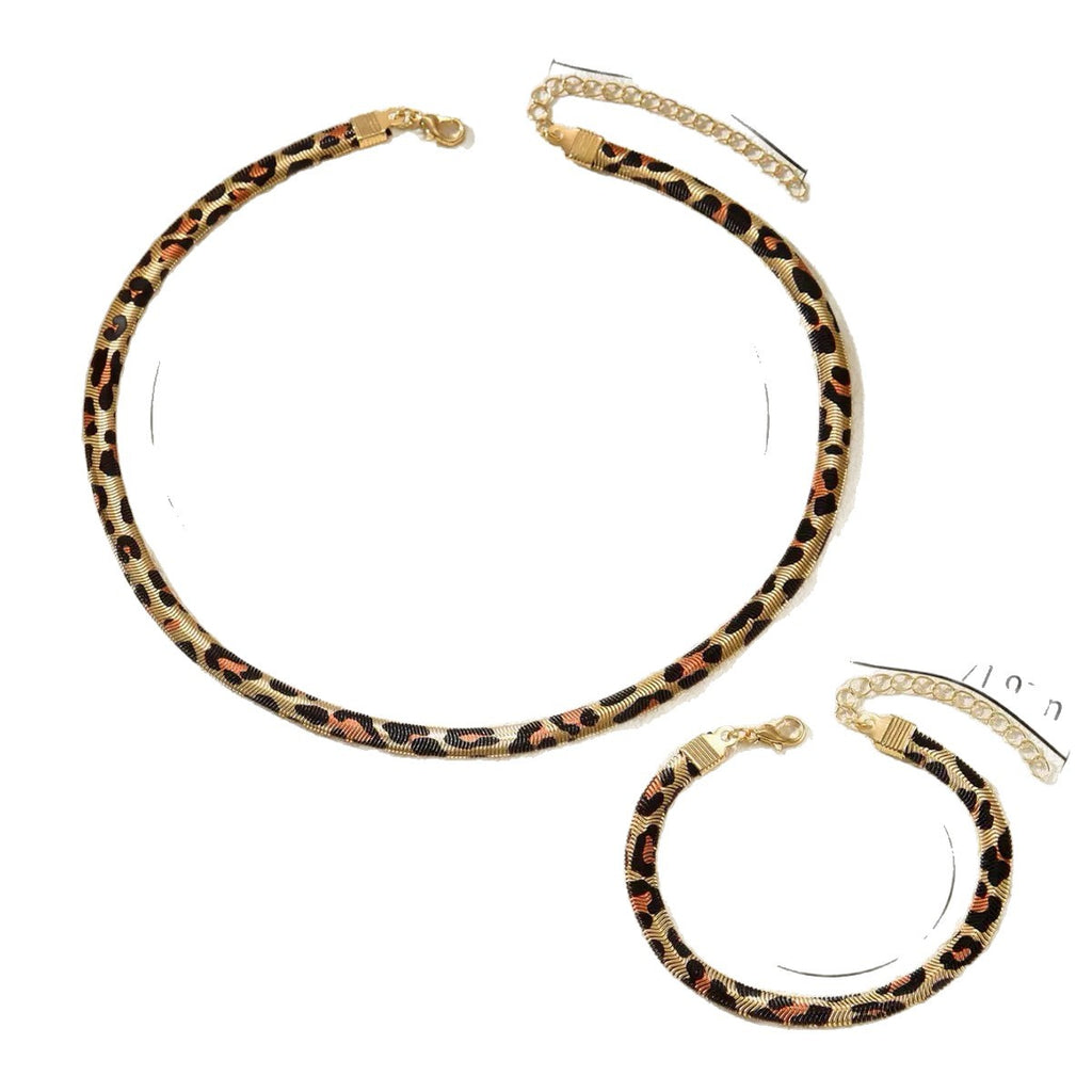 Leopard Print Snake Bone Chain Necklace and Bracelet Jewelry Set