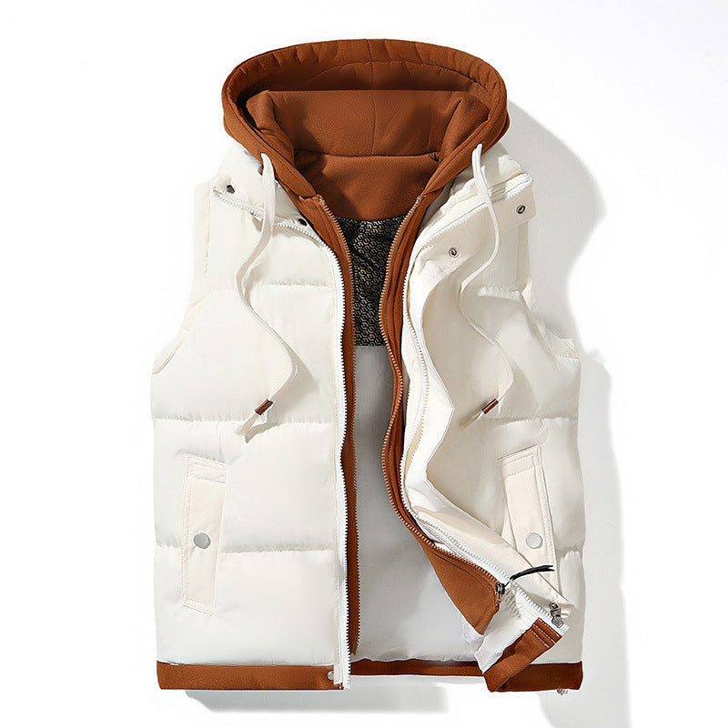 Mens Thick Hooded Vest Loose Fit Padded Sleeveless Jacket with Pockets