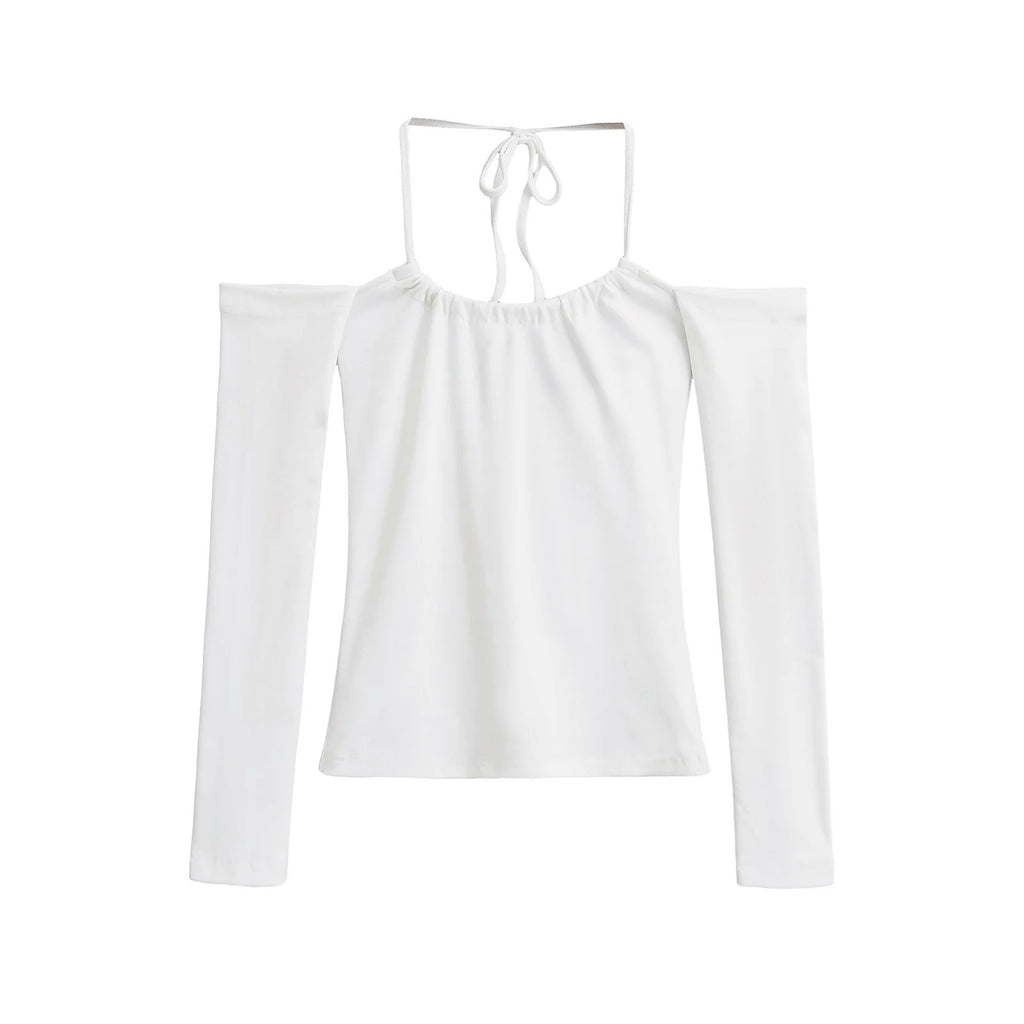 Off Shoulder Halter Neck Long Sleeve Crop Top teemdrop