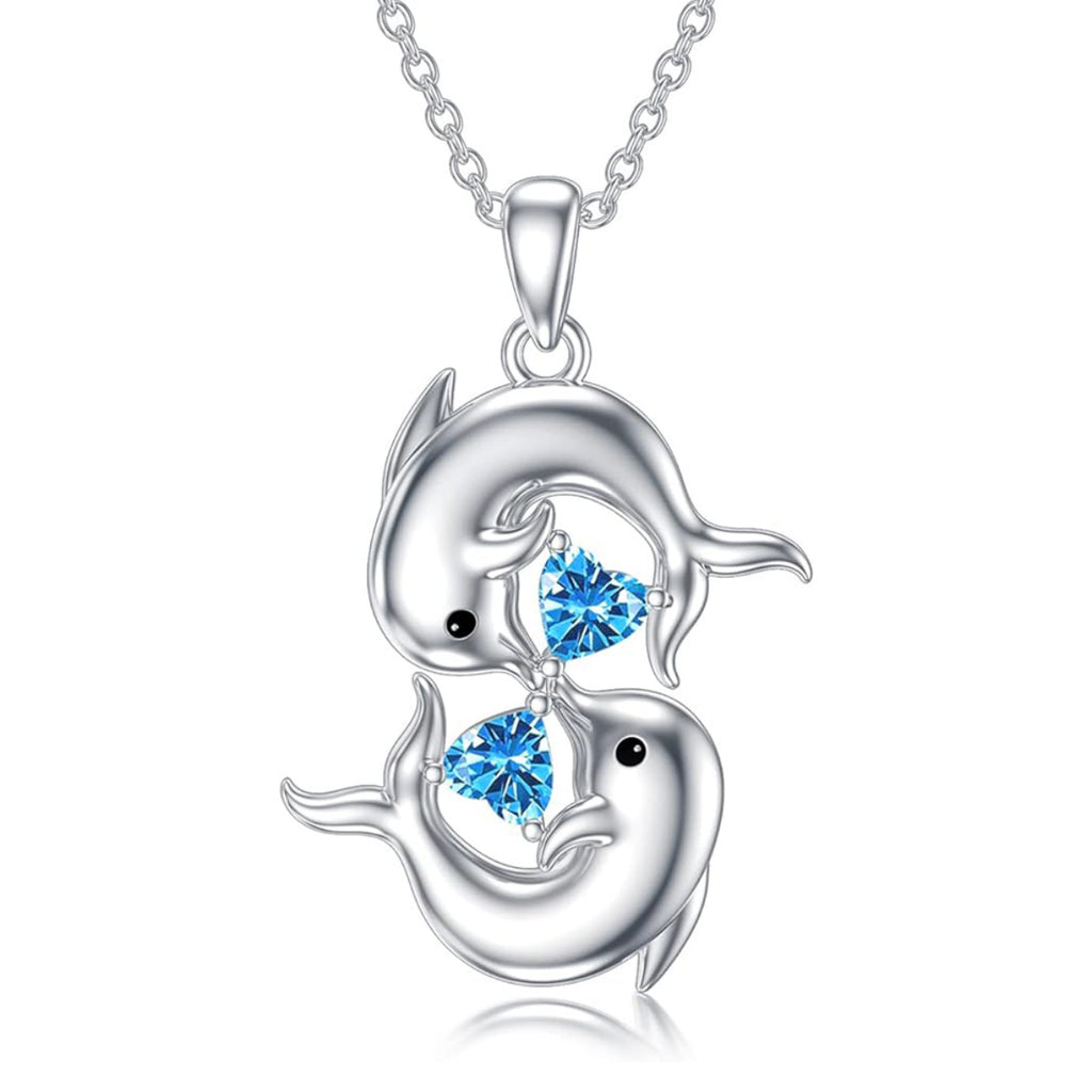Blue Heart Zircon Dolphin Pendant Alloy Necklace teemdrop