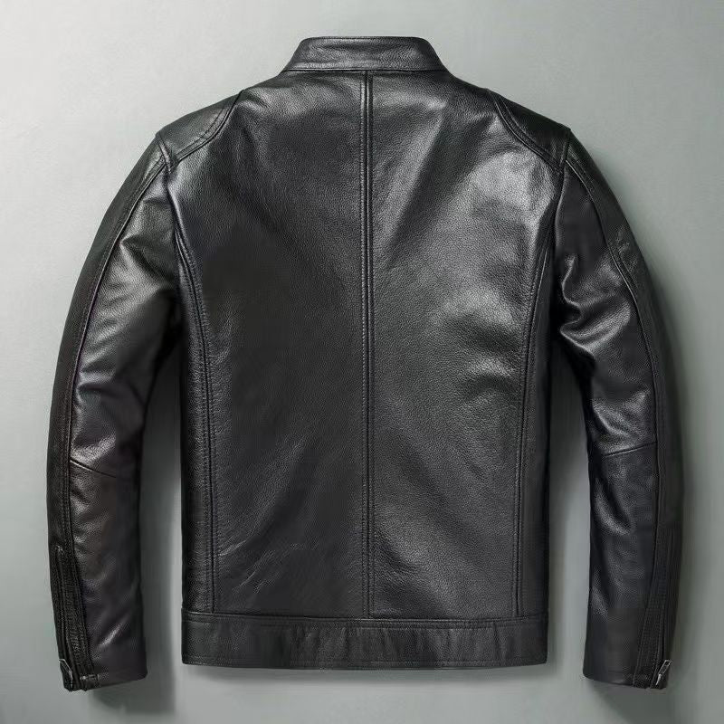 Mens Vintage PU Leather Jacket with Stand Collar