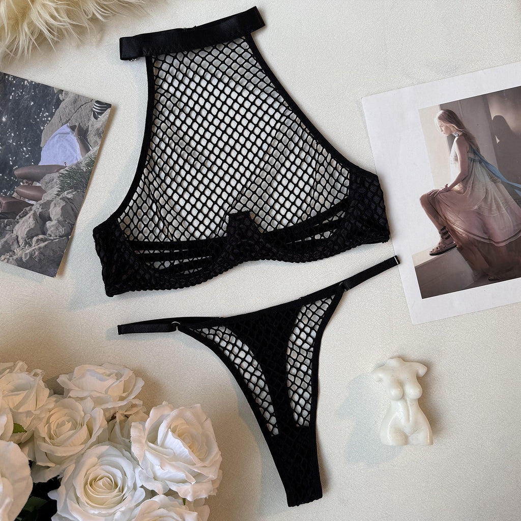 Women's Fishnet Halter Ultra-Thin Mesh Bodysuit Lingerie Set