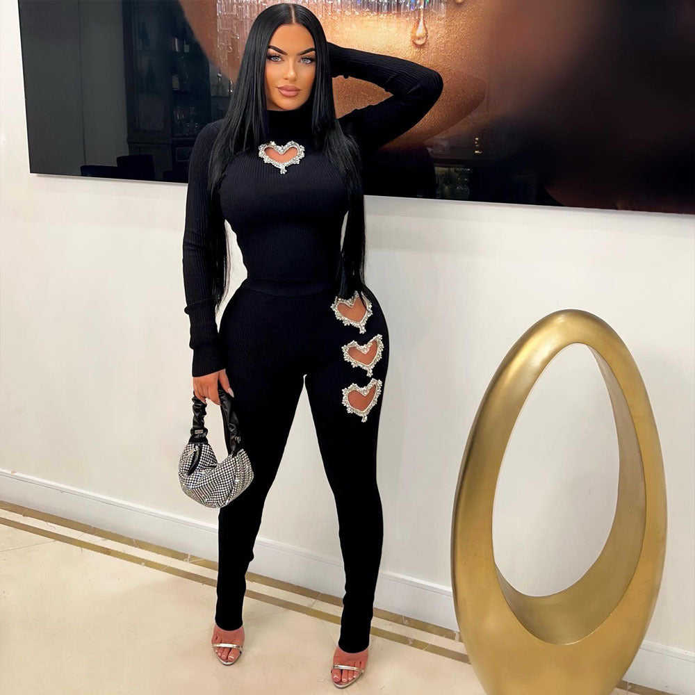 Women's Heart-Shaped Detail Solid Color Two-Piece Pants Suit teemdrop
