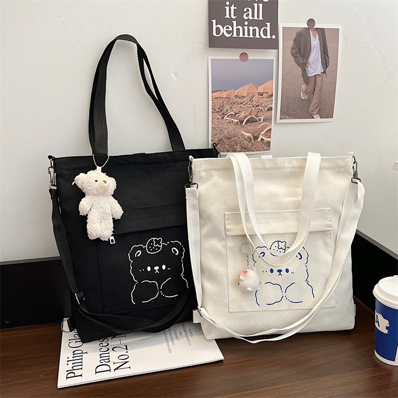 Bear Print Canvas Shoulder Bag