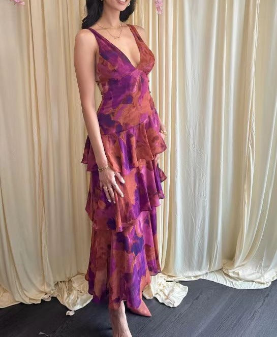 Women's Summer Floral Printed V-Neck Sleeveless A-Line Long Dress teemdrop