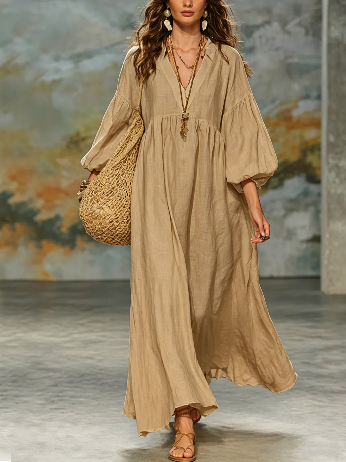 dress women's cotton and linen deep V lantern sleeves teemdrop