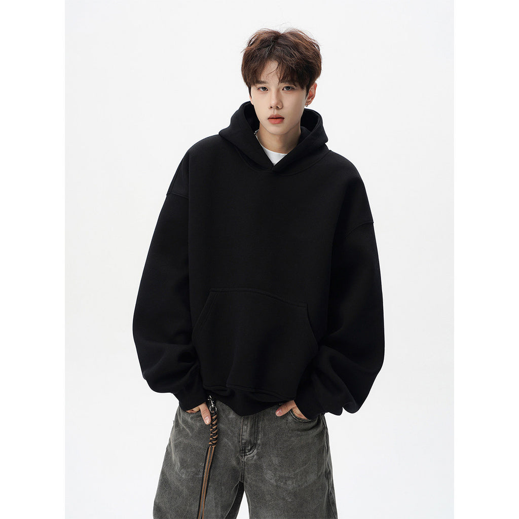 Men Heavyweight 400g Pure Cotton Double Layer Hooded Sweatshirt Loose Fit Solid Color teemdrop