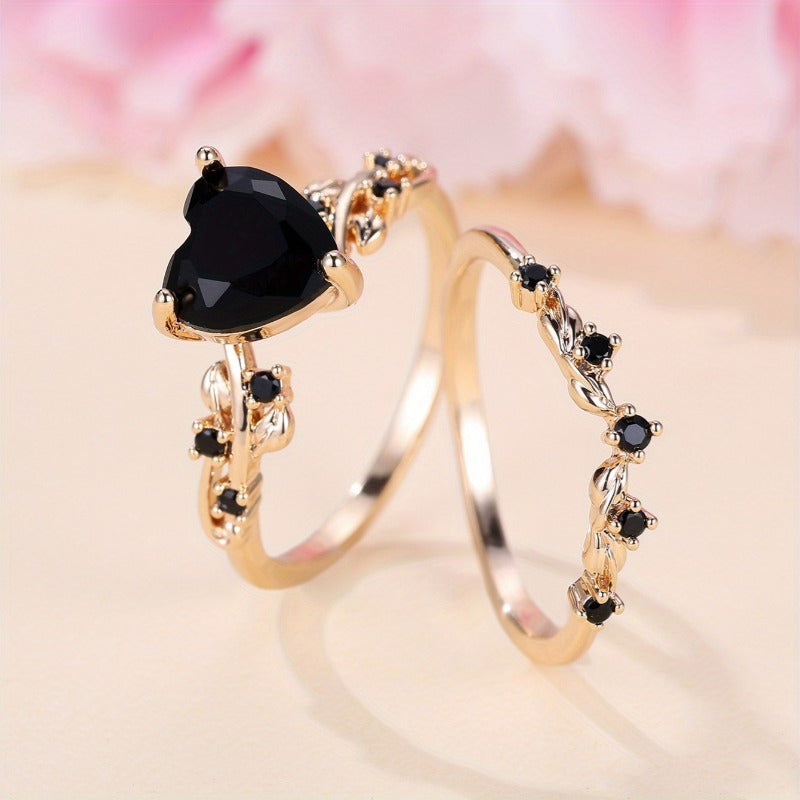 Heart-Shaped Zircon Inlaid Couple Ring