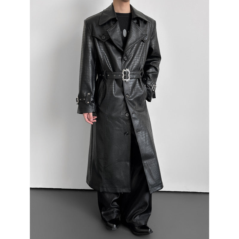 Men's Crocodile Embossed Leather Trench Coat Long Slim Fit Black teemdrop