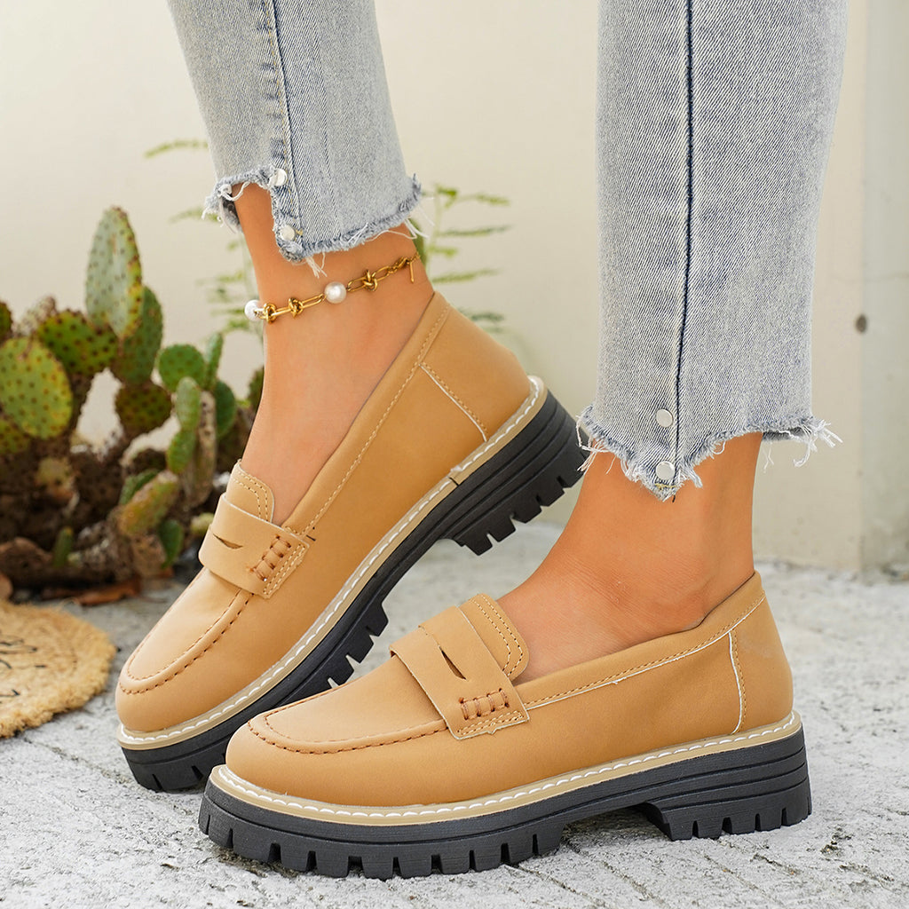 Womens Classic PU Loafers Round Toe Thick Heel Slip On Shoes teemdrop