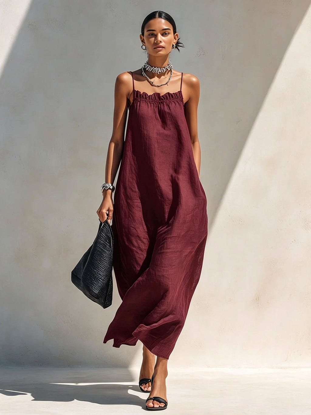 Women's Summer Solid Color Ruffle Collar Sleeveless A-Line Long Dress teemdrop