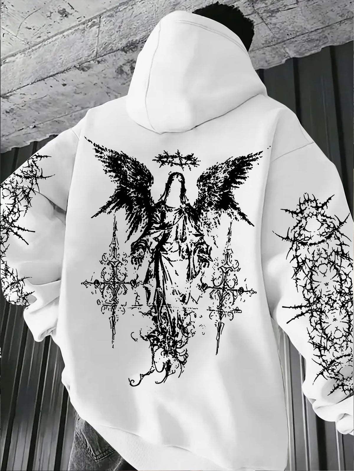 Gothic-style angel-print hoodie teemdrop