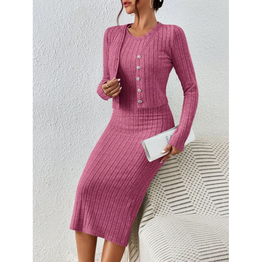 Women's French Style Knitted Dress and Coat Set