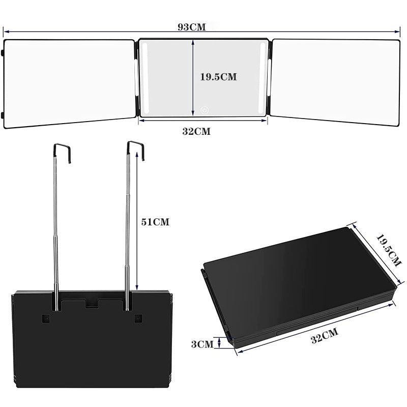 Tri-Fold Tabletop Mirror with Storage Tray Adjustable Lighted Makeup Vanity Mirror teemdrop