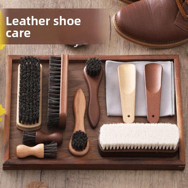Natural Horsehair Wooden Handle Shoe Care Cleaning Polishing Brush Kit teemdrop
