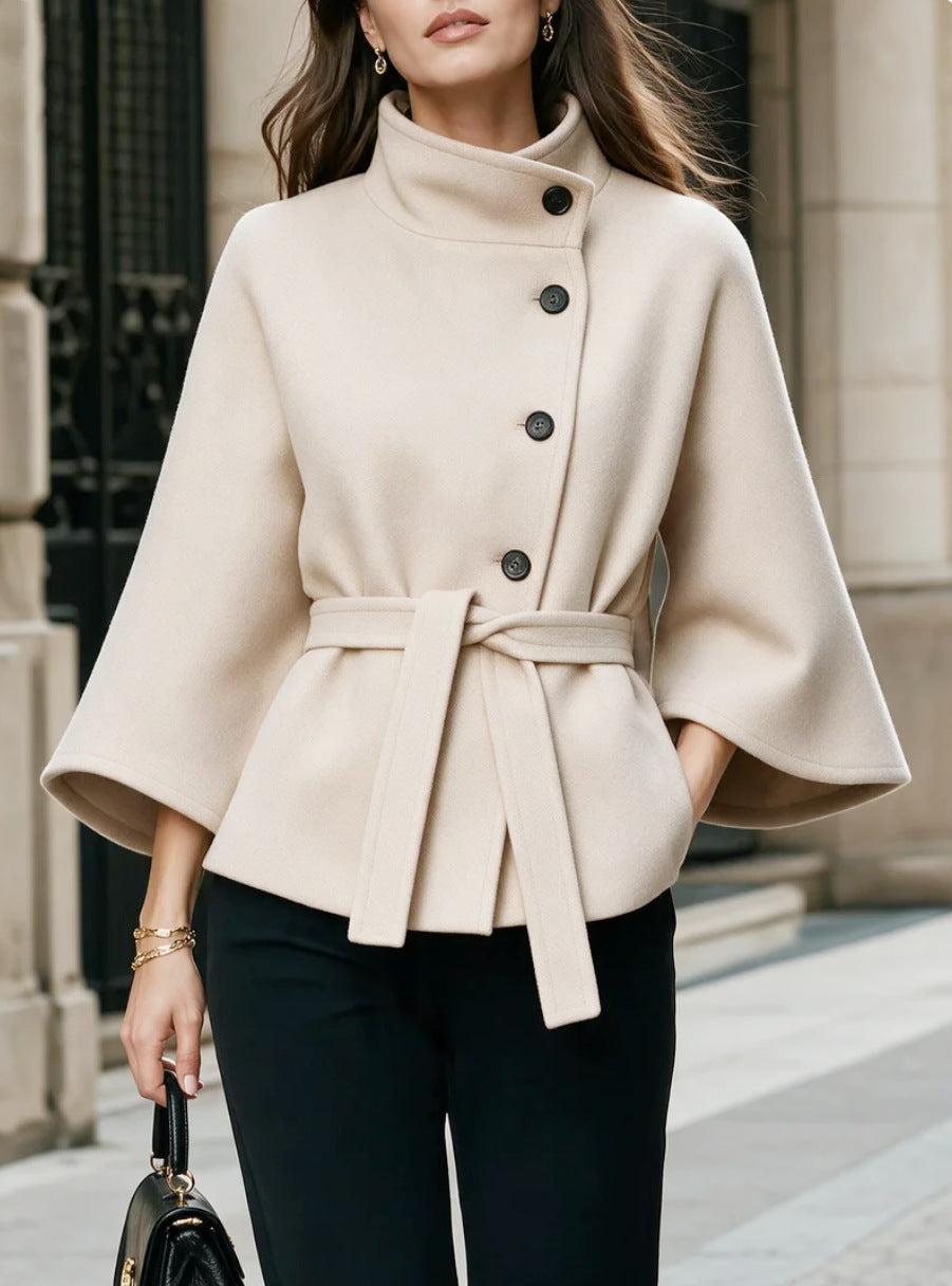 Women's Stand Collar Flared Sleeve Alpaca Wool Blend Coat teemdrop