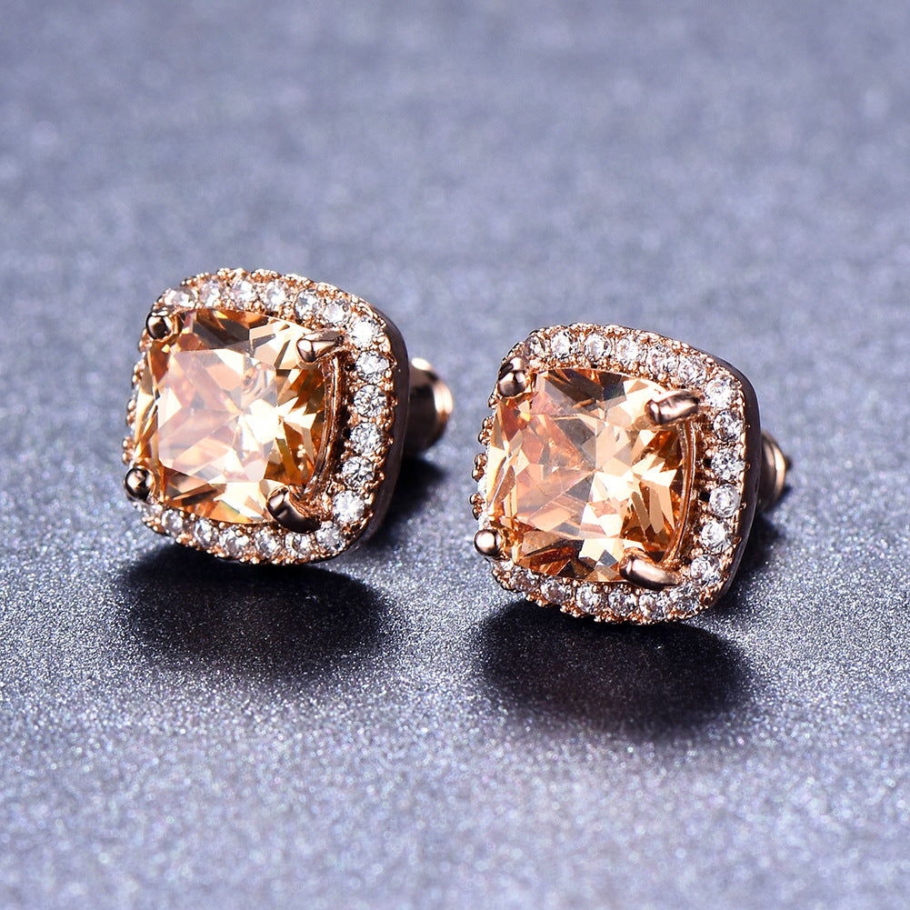 Geometric Full Diamond Zircon Earrings for Women Electroplated Copper Studs