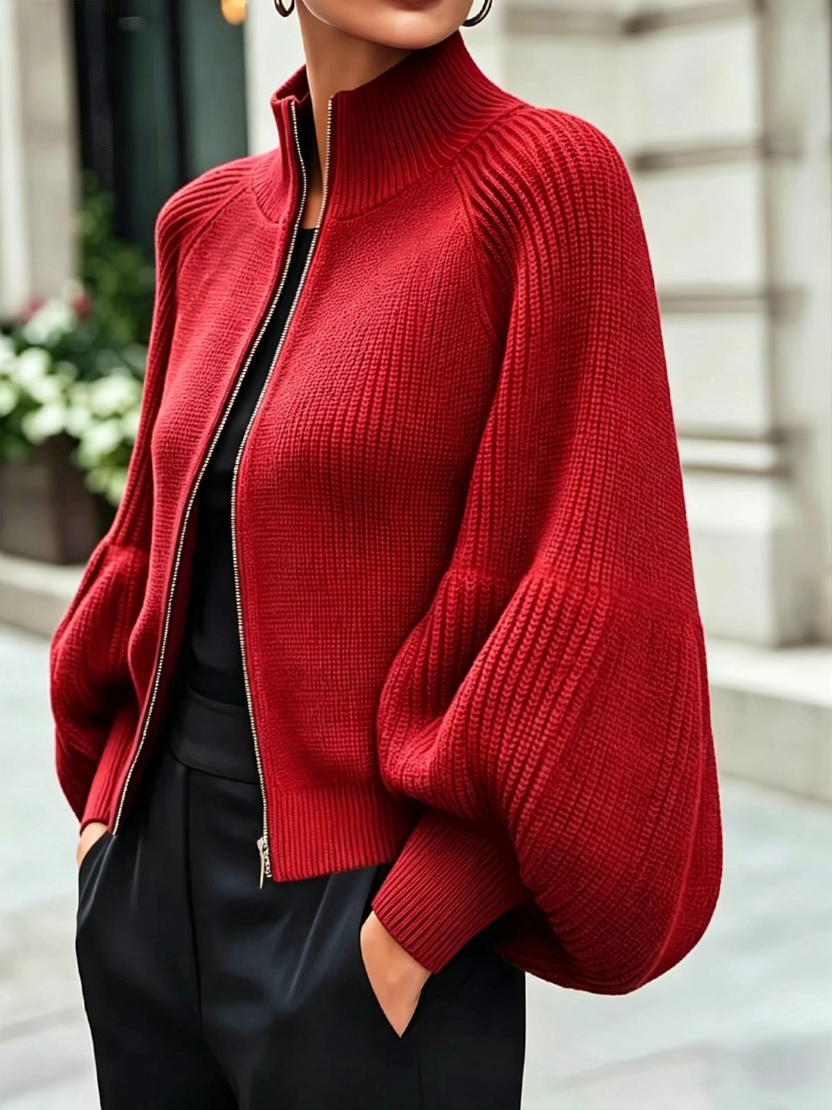 Women's Textured Knit Stand Collar Balloon Sleeve Cardigan teemdrop