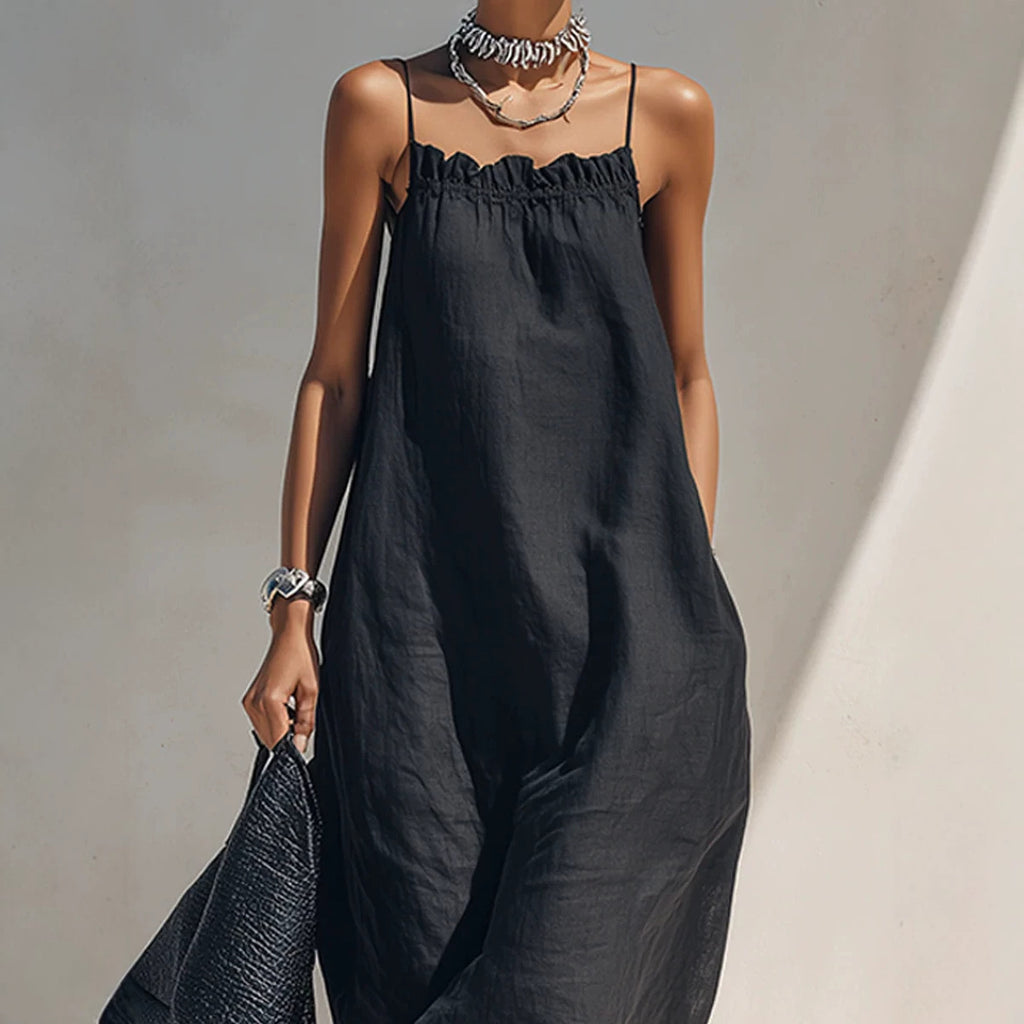 Women's Summer Solid Color Ruffle Collar Sleeveless A-Line Long Dress teemdrop