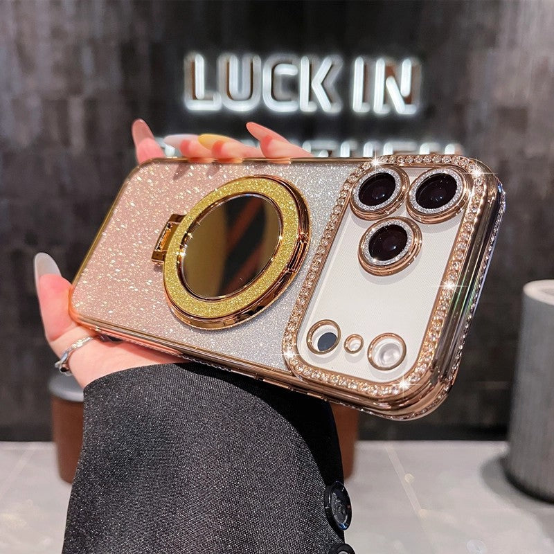 Glitter Magnetic Stand Mirror Phone Case for iPhone 11 12 13 14 15 16 17 18 Pro Max Plus teemdrop