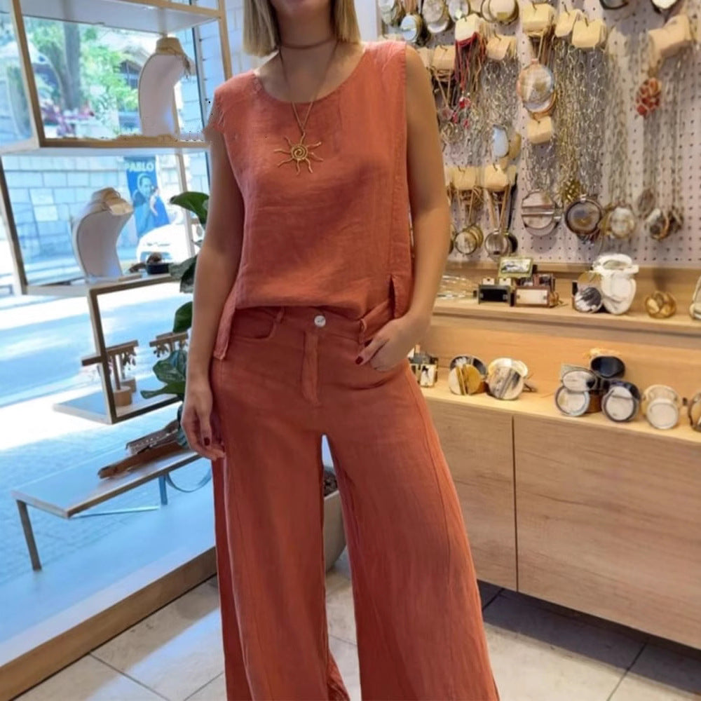 Women's Summer Cotton Linen Solid Color Sleeveless Two-Piece Pantsuit Set teemdrop