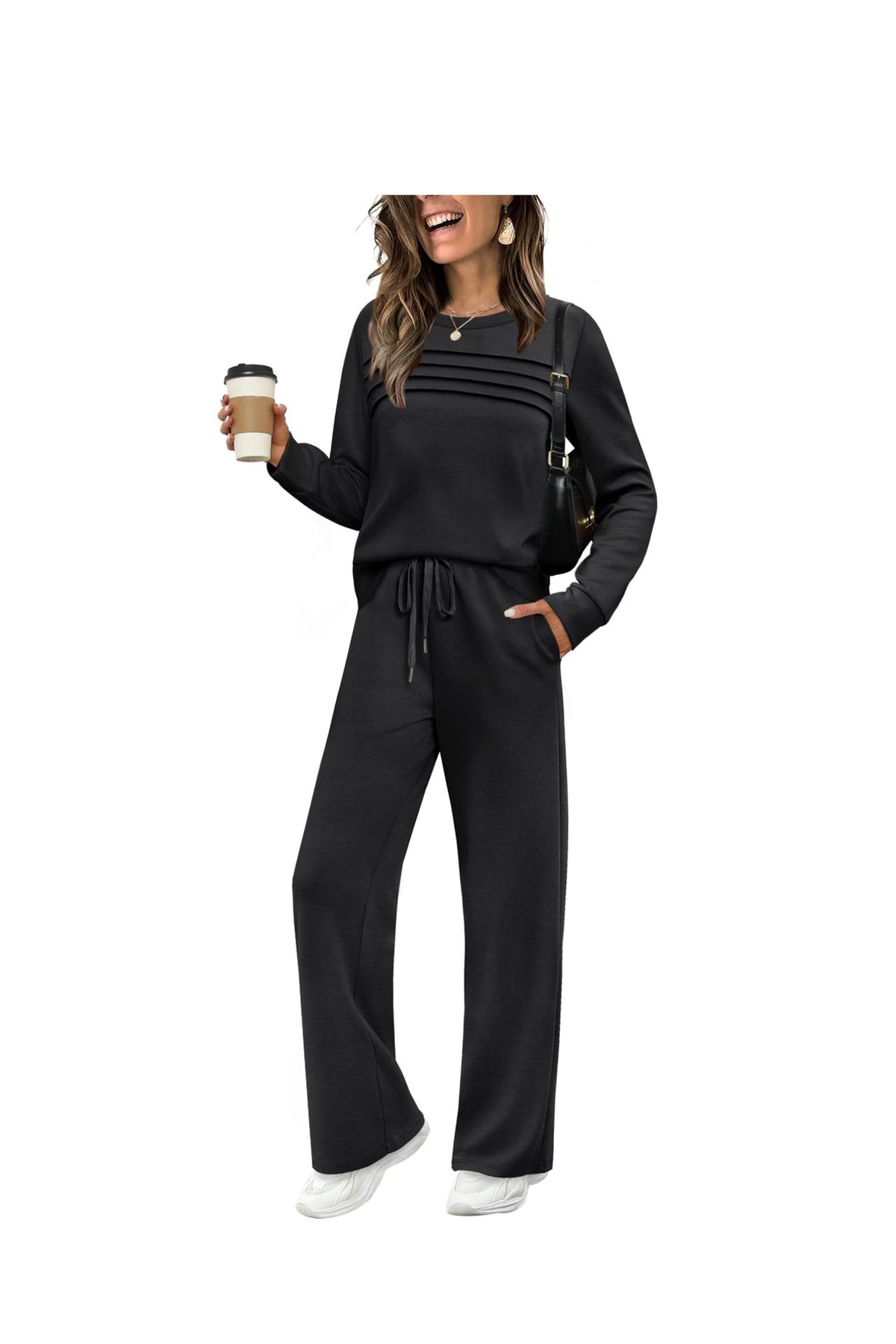 Women's Solid Color Two-Piece Set Pleated Sweatshirt and Wide-Leg Trousers Casual Knit Suit teemdrop