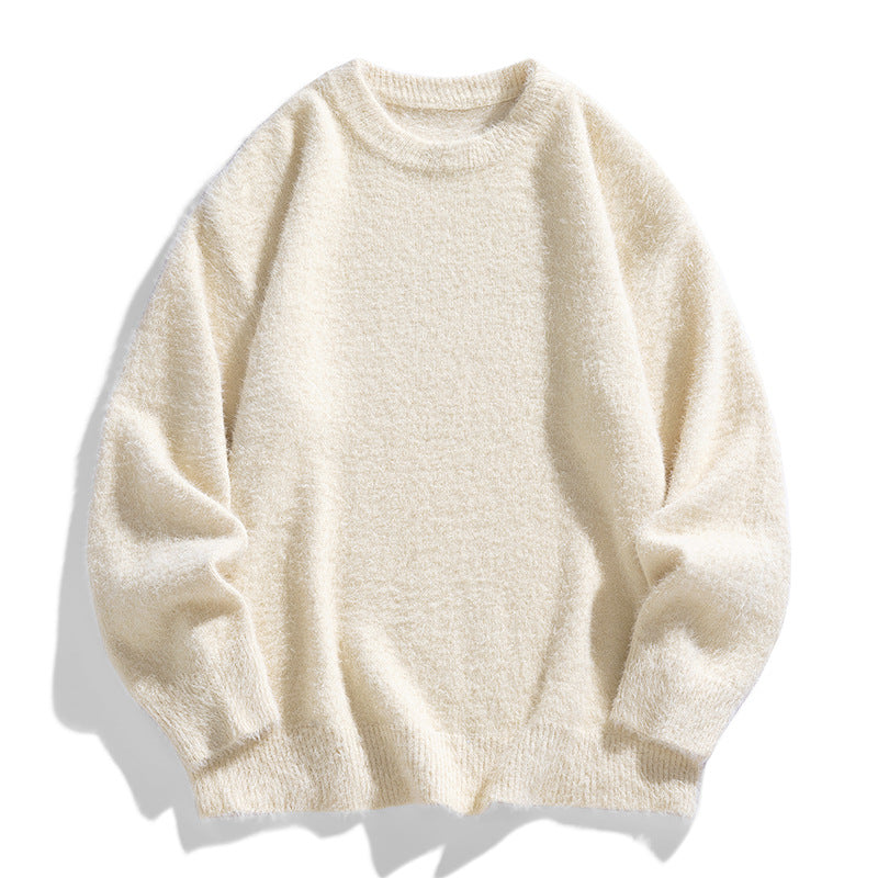 Men's Round Neck Pullover Solid Color Thickened Mink Mohair Knit Sweater teemdrop