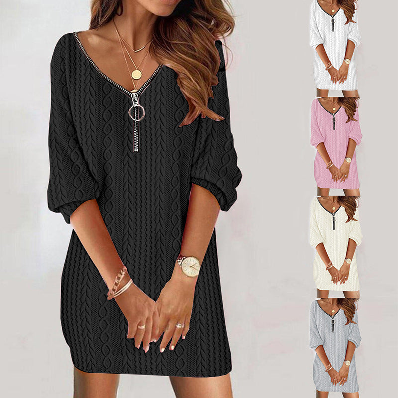 Women's Solid V-Neck Knitted Long Sleeve Midi Pencil Dress