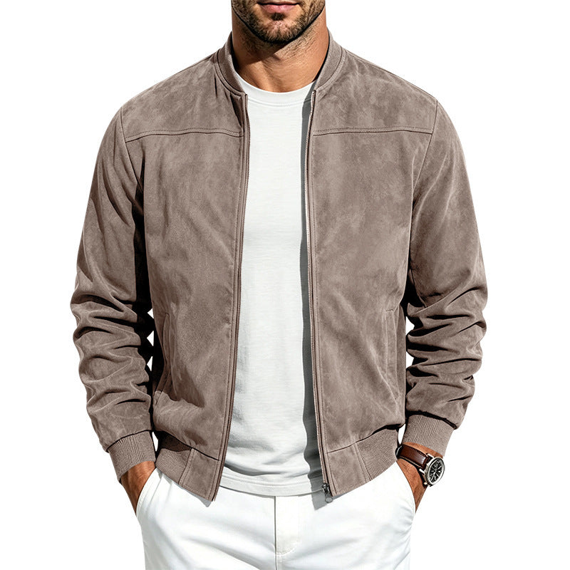 Men's Solid Suede Fleece Baseball Collar Bomber Jacket teemdrop