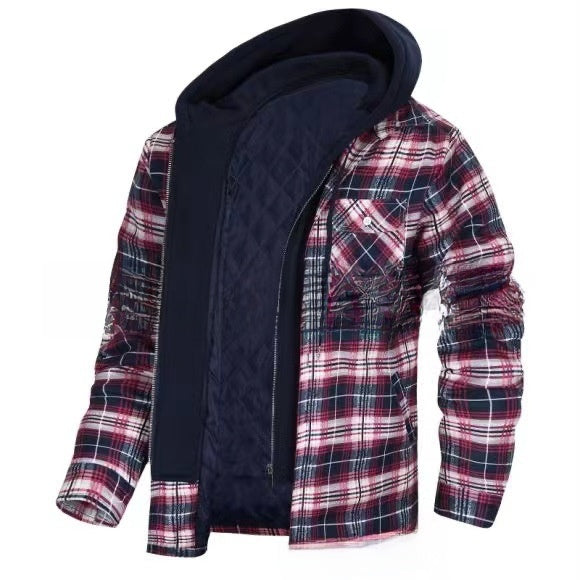 Autumn and Winter Cotton Outwear Plaid Long-Sleeved Loose Hooded Jacket teemdrop