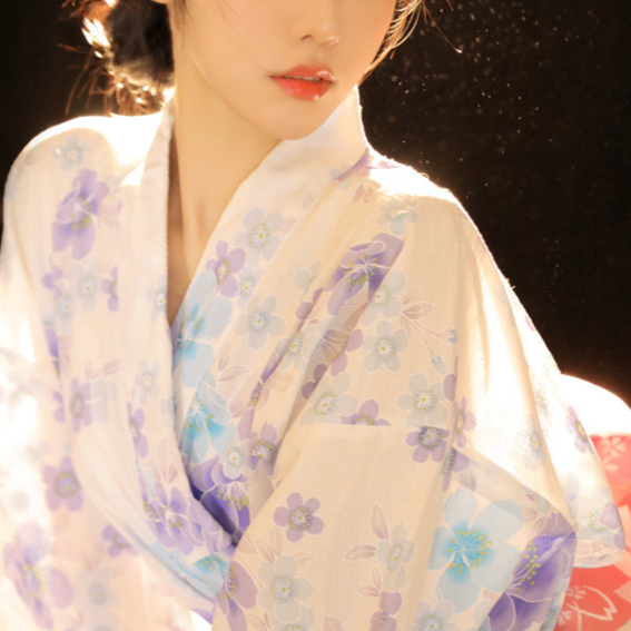 Womens Traditional Retro Japanese Camellia Print Kimono Dress with Girdle and Fan Headdress Set teemdrop