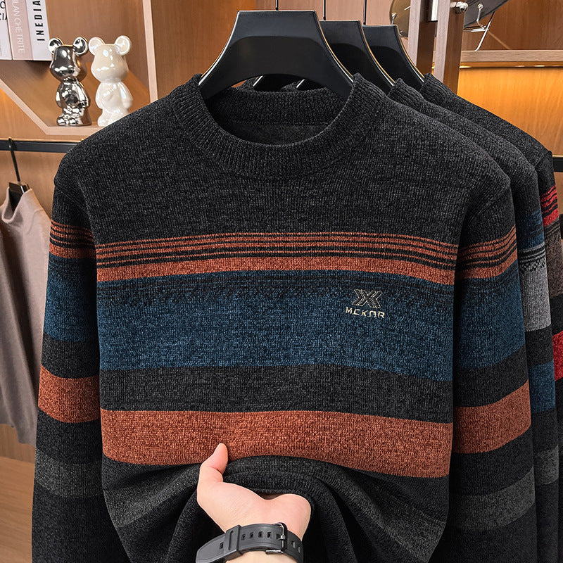 Men's Thickened Warm Striped Round Neck Long Sleeve Knitted Sweater teemdrop