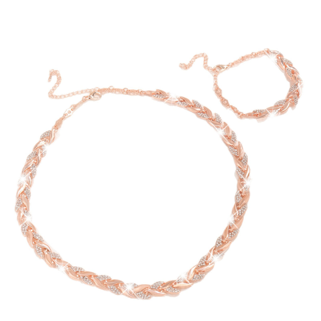 Willow Leaf Diamond Necklace and Bracelet Set, Sparkling Rhinestone Jewelry for Women
