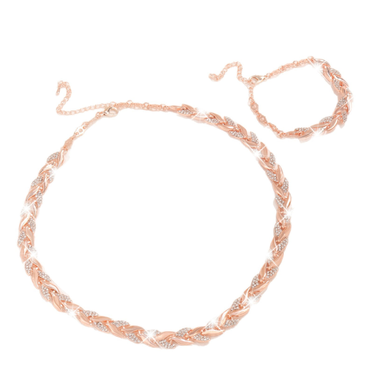 Willow Leaf Diamond Necklace and Bracelet Set, Sparkling Rhinestone Jewelry for Women