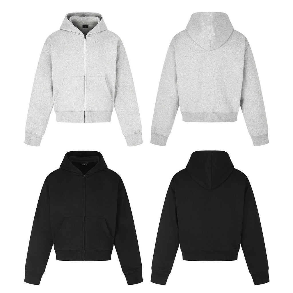 Retro Short Zip-Up Hoodie Solid Color Loose Fit Casual Jacket for Adults teemdrop
