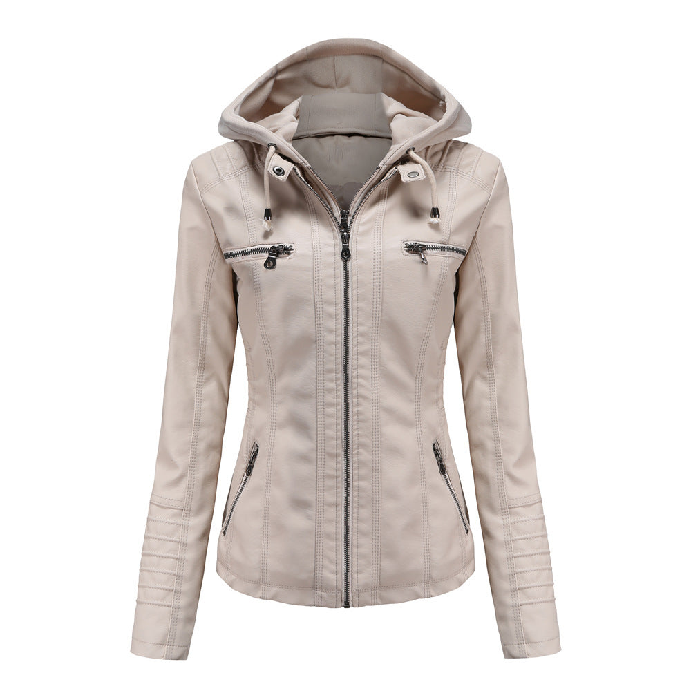 Women's Faux Leather Hooded Jacket Two-Piece Set Slim Fit Long Sleeve teemdrop