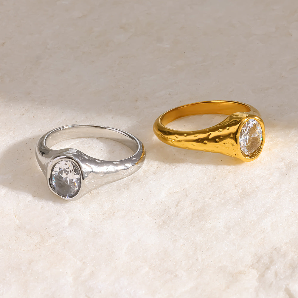 18K Gold Plated Stainless Steel Ring with Zircon Minimalist Hammered Design