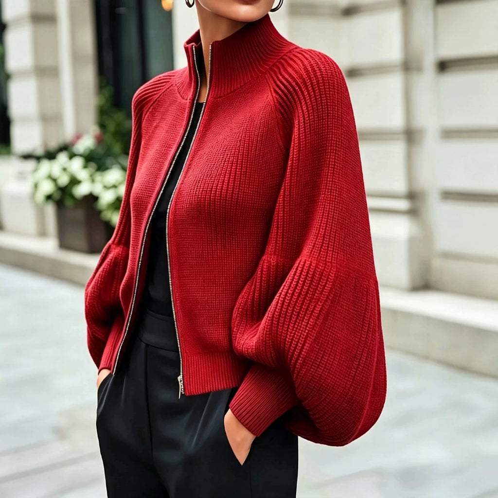 Women's Textured Knit Stand Collar Balloon Sleeve Cardigan teemdrop
