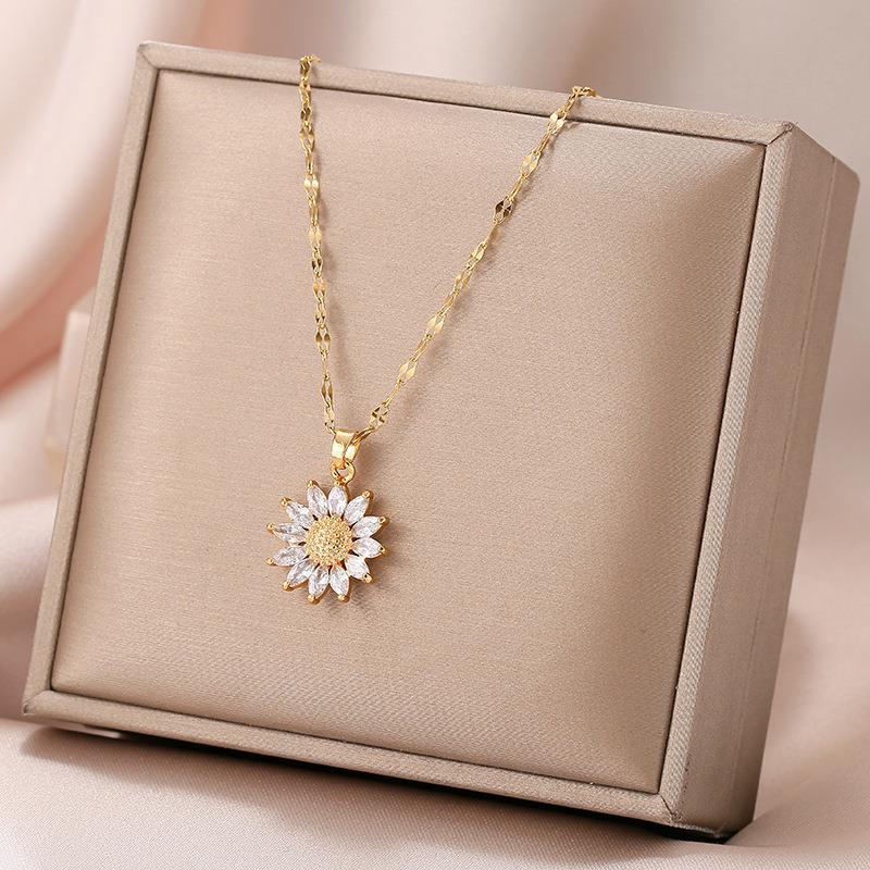 Vintage Sunflower Pendant Titanium Steel Necklace for Women