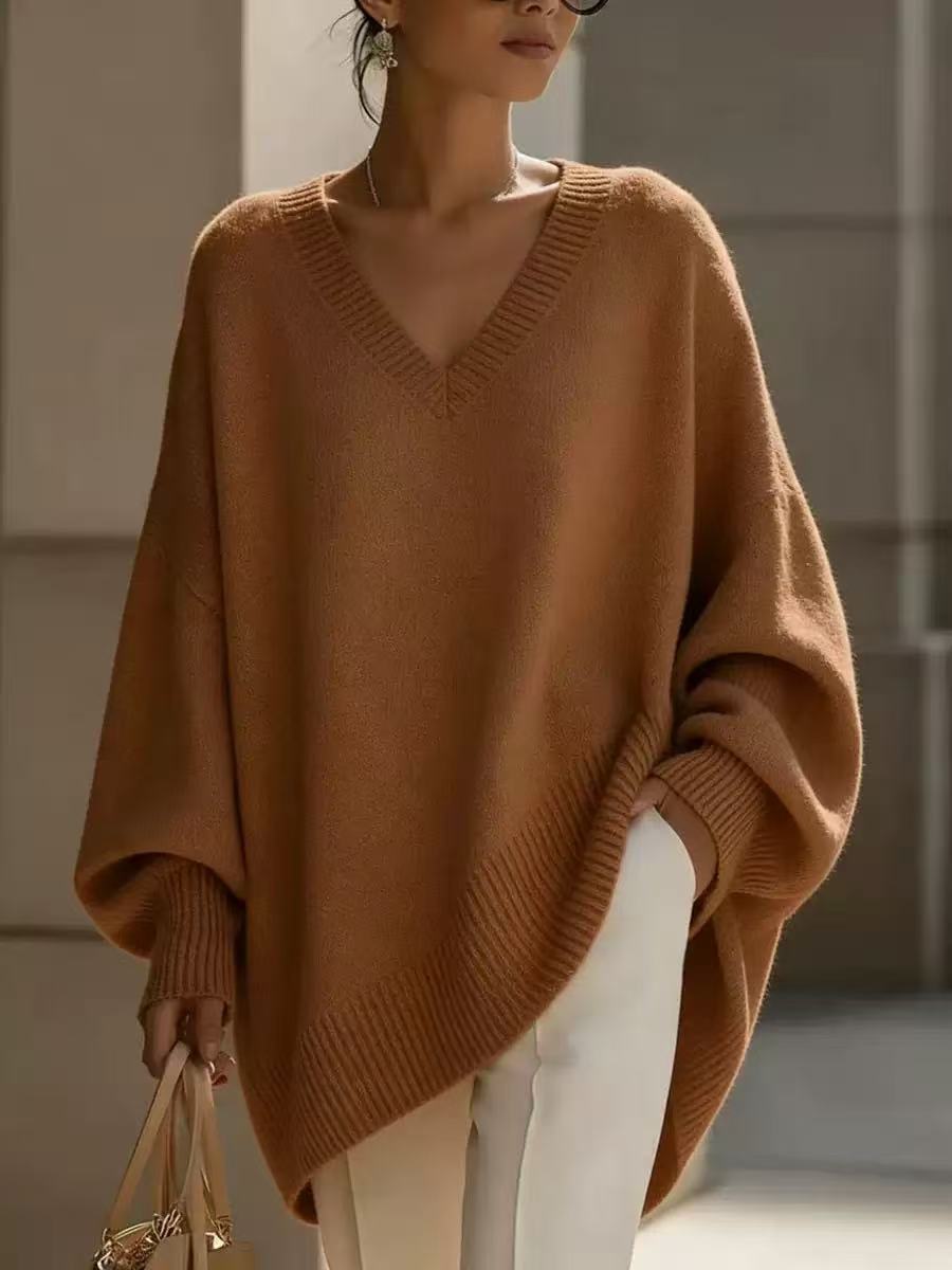 Solid-color long-sleeved V-neck relaxed style sweater for women, loose knitted top teemdrop