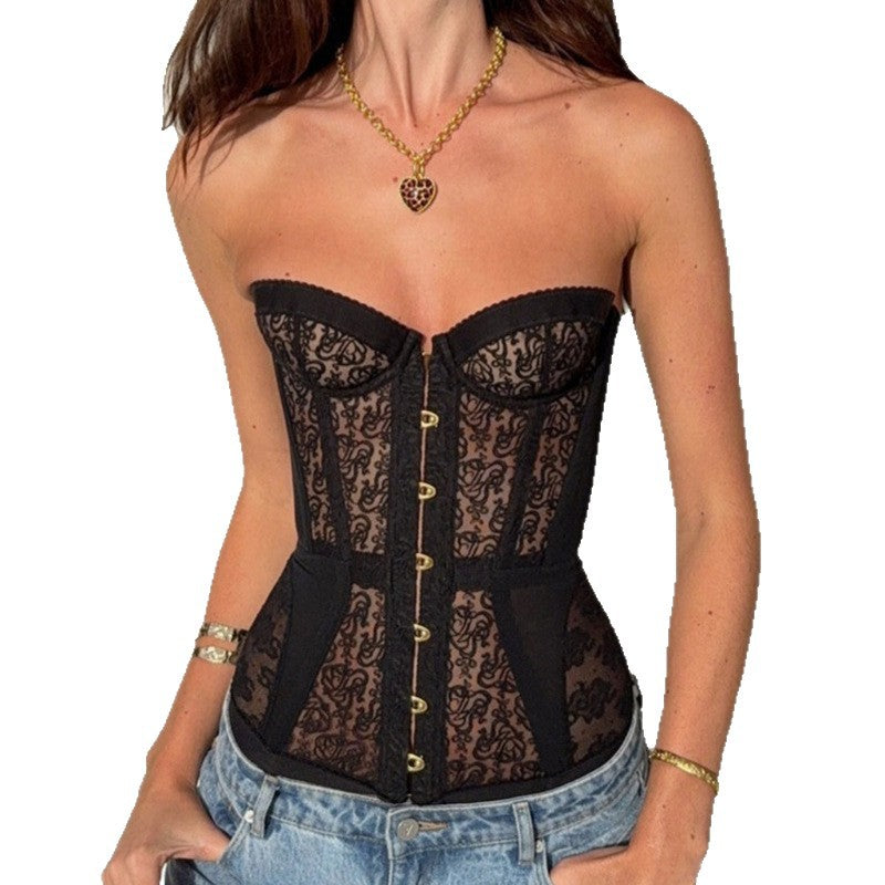 Women's Hollow Out Lace Strapless Slim Fit Corset Top teemdrop